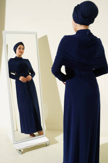 Taşlı Çapraz Yakalı Sandy Abiye Elbise Lacivert - Elbise
