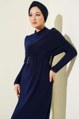 Taşlı Çapraz Yakalı Sandy Abiye Elbise Lacivert - Elbise