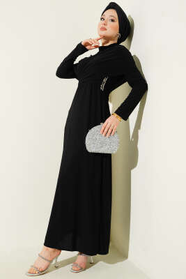 Taşlı Çapraz Yakalı Sandy Abiye Elbise Siyah - DENİZ LIFE