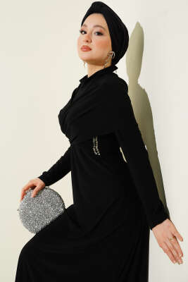 Taşlı Çapraz Yakalı Sandy Abiye Elbise Siyah - Elbise