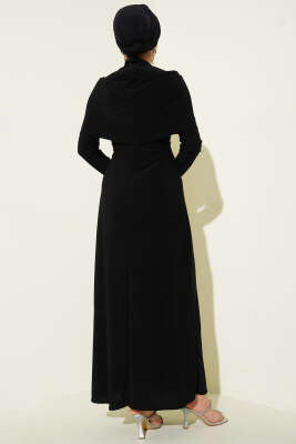 Taşlı Çapraz Yakalı Sandy Abiye Elbise Siyah - Elbise