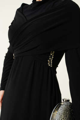 Taşlı Çapraz Yakalı Sandy Abiye Elbise Siyah - Elbise