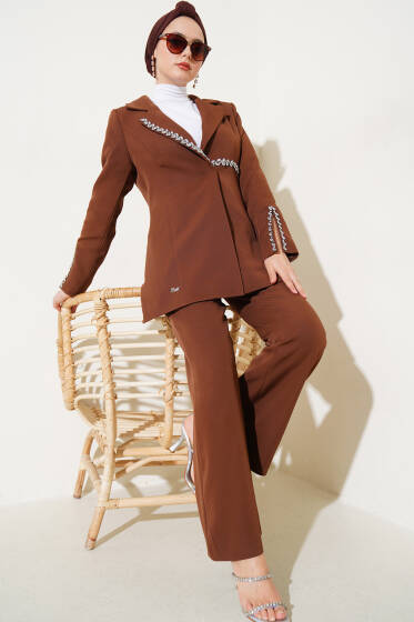 Taşlı Ceketli İkili Takım Kahve - İkili Takım
