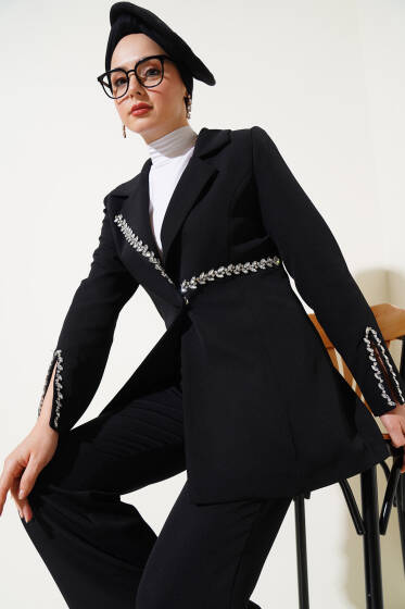 Taşlı Ceketli İkili Takım Siyah - İkili Takım
