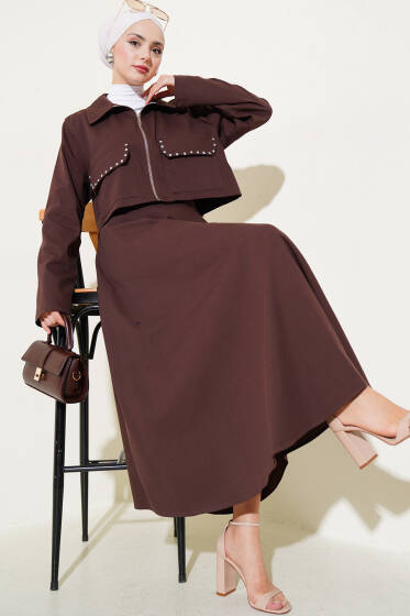 Taşlı Cep Kapaklı Fermuarlı Etekli İkili Takım Kahve - İkili Takım