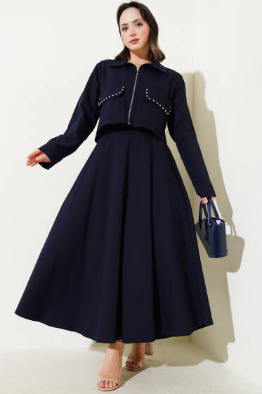 Taşlı Cep Kapaklı Fermuarlı Etekli İkili Takım Lacivert - İkili Takım