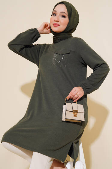 Taşlı Cep Kapaklı Tunik Haki - Tunik