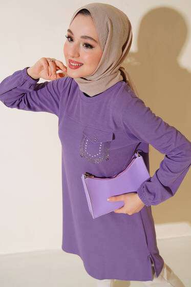 Taşlı Cep Kapaklı Tunik Lila - Tunik