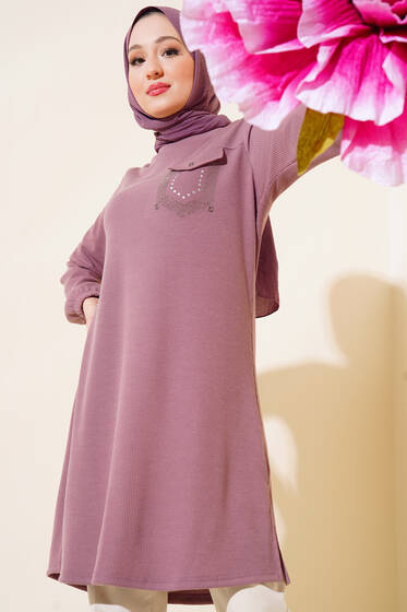 Taşlı Cep Kapaklı Tunik Pudra - Tunik