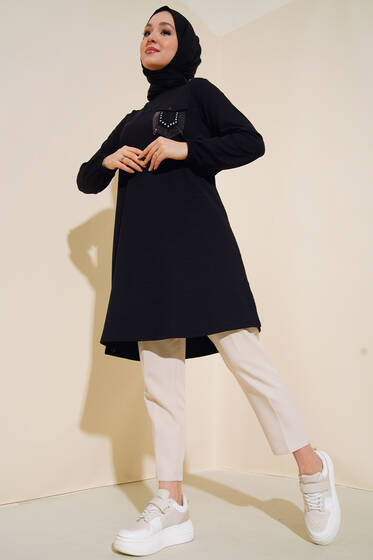 Taşlı Cep Kapaklı Tunik Siyah - Tunik