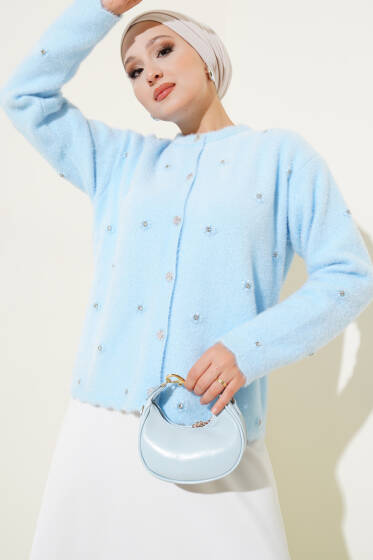 Taşlı Çiçek Düğmeli Sakallı Hırka Mavi - Hırka