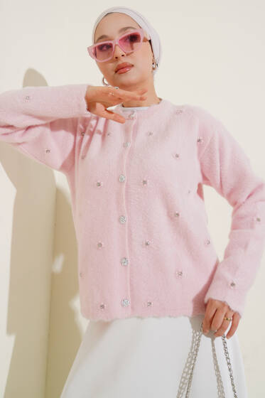 Taşlı Çiçek Düğmeli Sakallı Hırka Pudra - Hırka