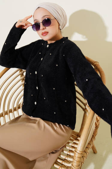 Taşlı Çiçek Düğmeli Sakallı Hırka Siyah - Hırka