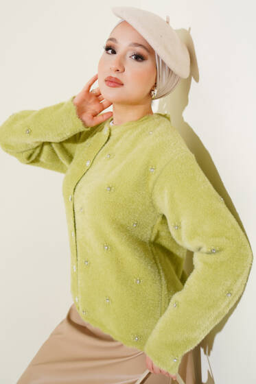 Taşlı Çiçek Düğmeli Sakallı Hırka Yeşil - Hırka