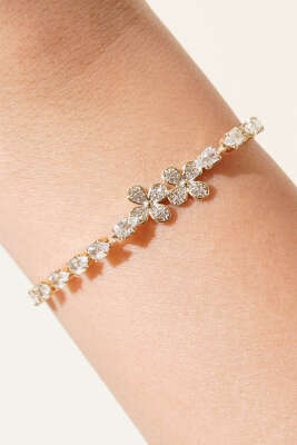 Taşlı Çiçek Figürlü Bileklik Gold - Bileklik