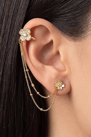 Taşlı Çiçekli Helix Küpe Gold - Küpe