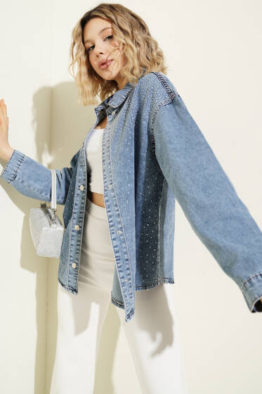 Taşlı Çıtçıt Düğmeli Kot Gömlek Mavi - Kadın Giyim Modelleri