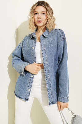 Taşlı Çıtçıt Düğmeli Kot Gömlek Mavi - Kadın Giyim Modelleri