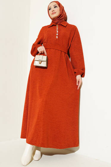 Taşlı Çıtçıt Düğmeli Kuşaklı Elbise Kiremit - Elbise