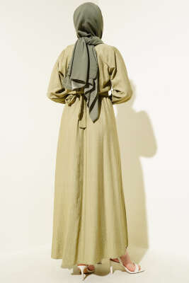 Taşlı Dantel Cepli Bel Lastikli Elbise Çağla Yeşili - Tesettür Elbise