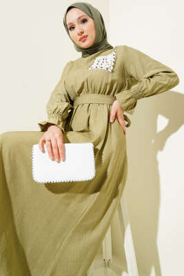 Taşlı Dantel Cepli Bel Lastikli Elbise Çağla Yeşili - Tesettür Elbise