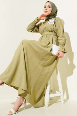 Taşlı Dantel Cepli Bel Lastikli Elbise Çağla Yeşili