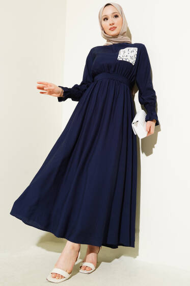 Taşlı Dantel Cepli Bel Lastikli Elbise Lacivert - Elbise