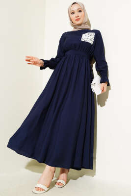Taşlı Dantel Cepli Bel Lastikli Elbise Lacivert 