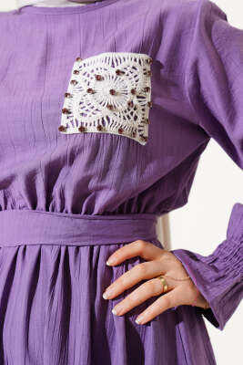 Taşlı Dantel Cepli Bel Lastikli Elbise Lila - Tesettür Elbise