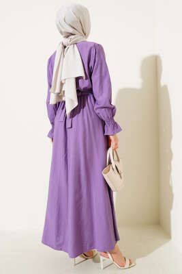 Taşlı Dantel Cepli Bel Lastikli Elbise Lila - Tesettür Elbise