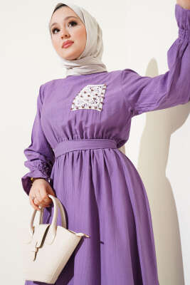 Taşlı Dantel Cepli Bel Lastikli Elbise Lila - Tesettür Elbise