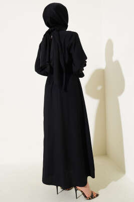 Taşlı Dantel Cepli Bel Lastikli Elbise Siyah - Tesettür Elbise