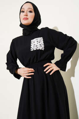Taşlı Dantel Cepli Bel Lastikli Elbise Siyah - Tesettür Elbise