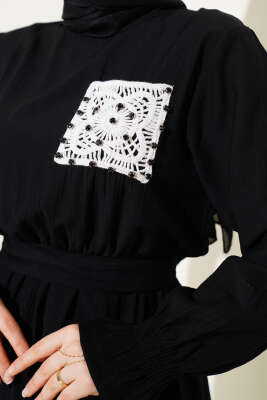 Taşlı Dantel Cepli Bel Lastikli Elbise Siyah - Tesettür Elbise