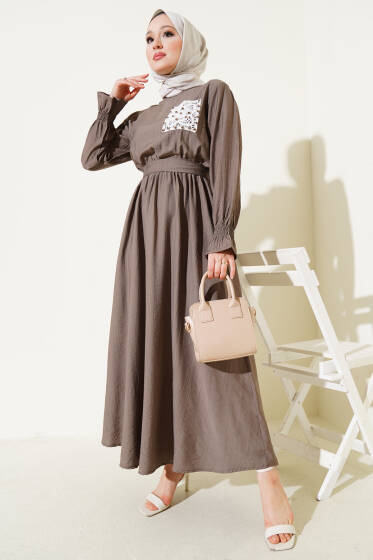 Taşlı Dantel Cepli Bel Lastikli Elbise Vizon - Elbise