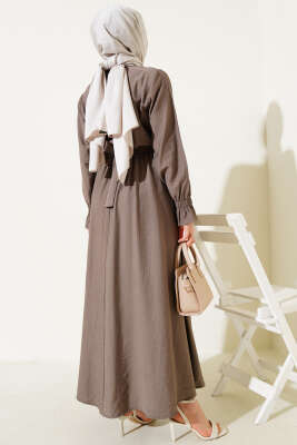 Taşlı Dantel Cepli Bel Lastikli Elbise Vizon - Tesettür Elbise