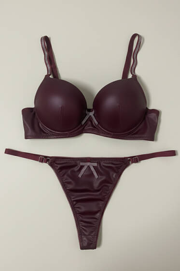Taşlı Deri Garnili Sütyen Takımı Bordo - Destekli Sütyen Takım