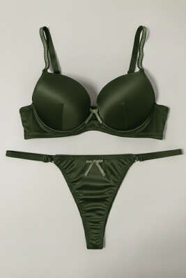 Taşlı Deri Garnili Sütyen Takımı Haki - LOVE SECRET