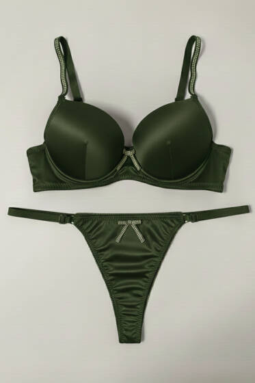 Taşlı Deri Garnili Sütyen Takımı Haki - Desteksiz Sütyen Takım