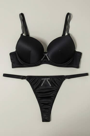 Taşlı Deri Garnili Sütyen Takımı Siyah - Destekli Sütyen Takım