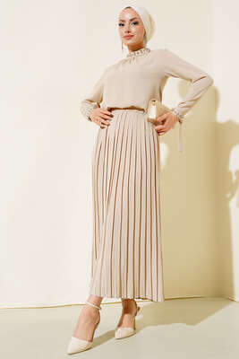 Taşlı Detaylı Etekli İkili Takım Bej - İkili Takım