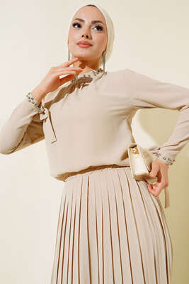 Taşlı Detaylı Etekli İkili Takım Bej - İkili Takım