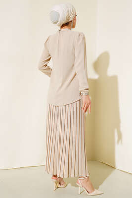 Taşlı Detaylı Etekli İkili Takım Bej - İkili Takım