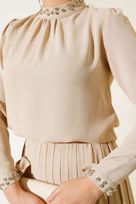 Taşlı Detaylı Etekli İkili Takım Bej - İkili Takım