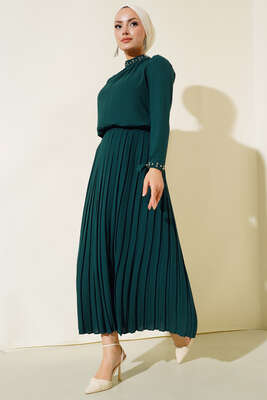 Taşlı Detaylı Etekli İkili Takım Zümrüt 