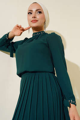Taşlı Detaylı Etekli İkili Takım Zümrüt - İkili Takım