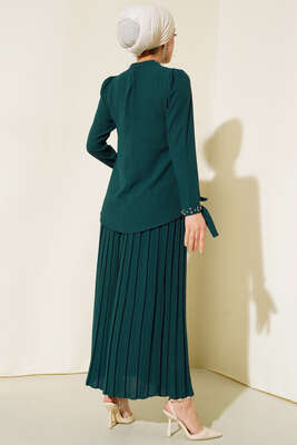 Taşlı Detaylı Etekli İkili Takım Zümrüt - İkili Takım