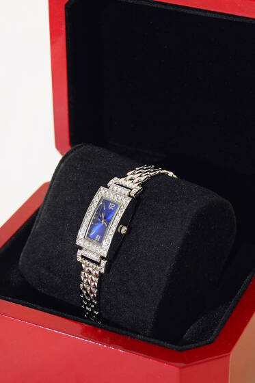 Taşlı Dikdörtgen Çerçeveli Kadın Kol Saati Lacivert - Saat