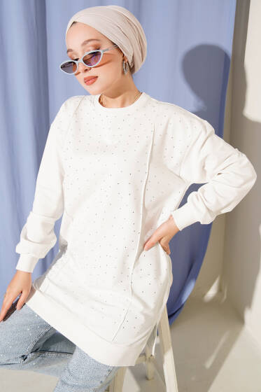 Taşlı Dikiş Detaylı Tunik Beyaz - Tunik