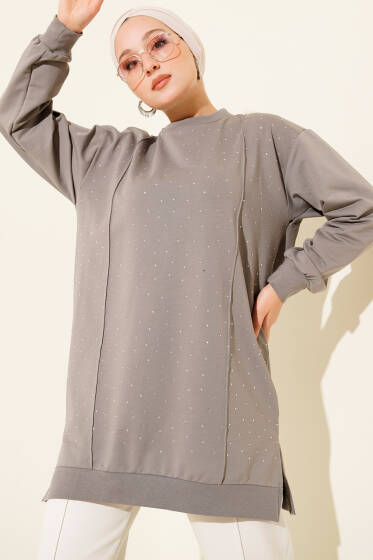 Taşlı Dikiş Detaylı Tunik Gri - Tunik